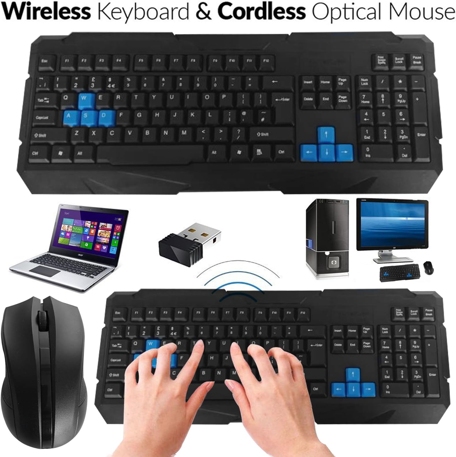 Safekom Full Size Slim 2.4Ghz Wireless Gaming Keyboard and Optical DPI Adjustable Mouse Combo Set With Mini USB Receiver Dongle Whisper-Quiet Qwerty and UK Layout for PC Laptop Macbook Windows Black