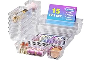 15 PCS Clear Plastic Drawer Organizer Set - 4 Sizes Makeup Organizer Desk Drawer Divider Bathroom Organizers and Storage Bins