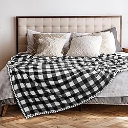 PAVILIA Black White Buffalo Plaid Throw Blanket Pom