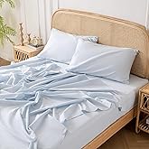 Yibeizi Light Blue 100% Washed Cotton Linen Feel Sheet Set Full Size | 4 Pieces Deep Pocket Bed Sheets Soft Breathable Hotel Bedsheets