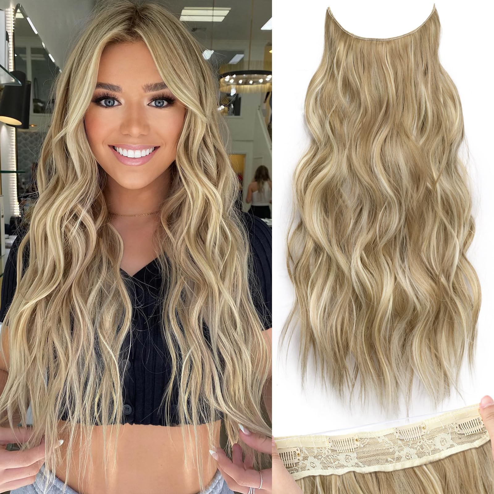 Photo 1 of *MINOR DAMAGE - USED*
KooKaStyle Invisible Wire Hair Extensions with Transparent Wire Adjustable Size 4 Secure Clips Long Wavy Secret Hairpiece (24 Inch,Dark Ash Blonde mix Light Blonde Highlights)