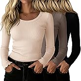 Velvelhall 3 Pack Cotton Womens Ribbed Shirt Long Sleeve Undershirt Crewneck Fitted Tops Stretch Knit Lettuce Trim Casual Tee