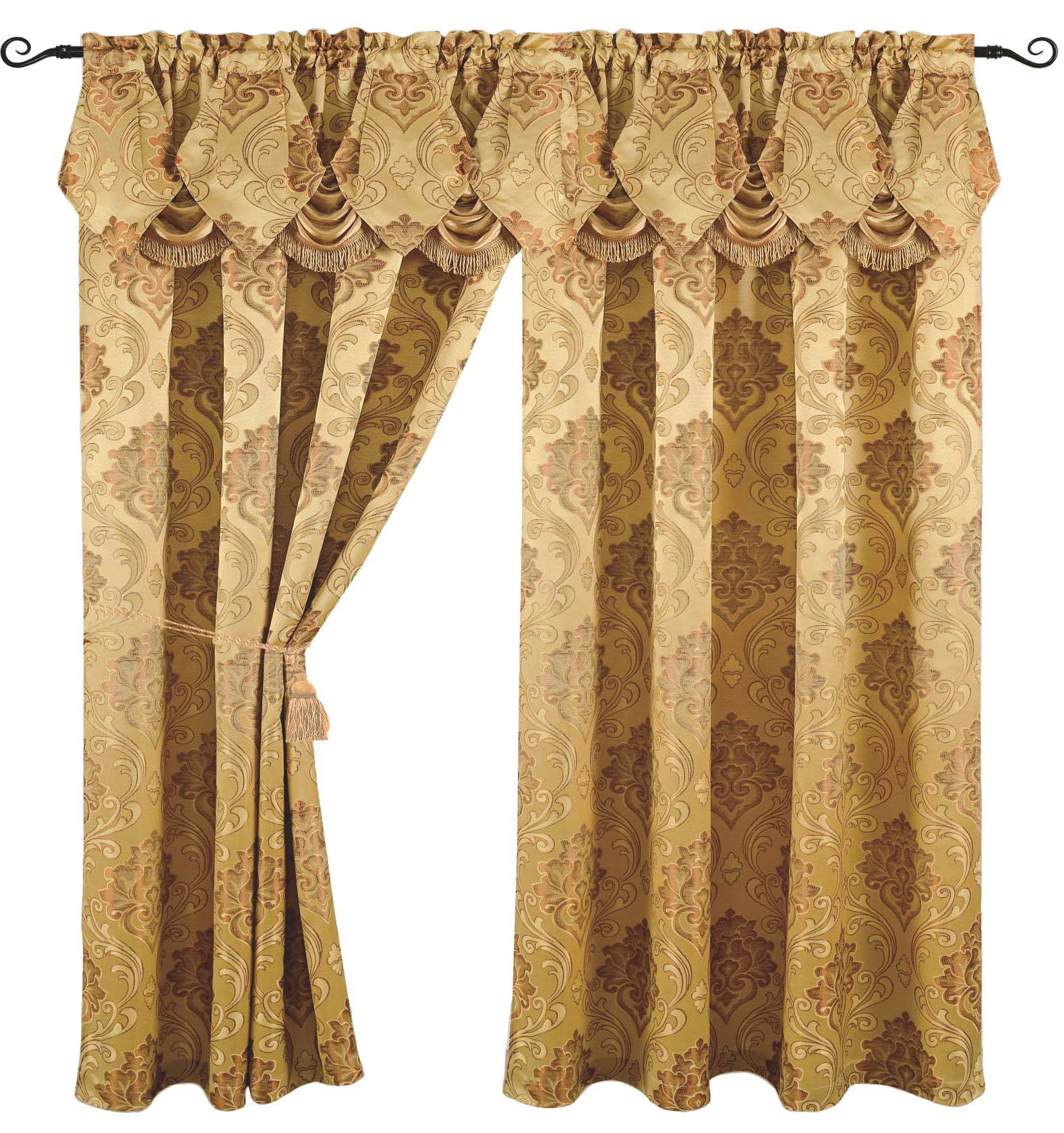 Venice Collections Luxury Jacquard Curtain Panel with Attached Waterfall Valance, 54 by 84-Inch Angelina Gold
