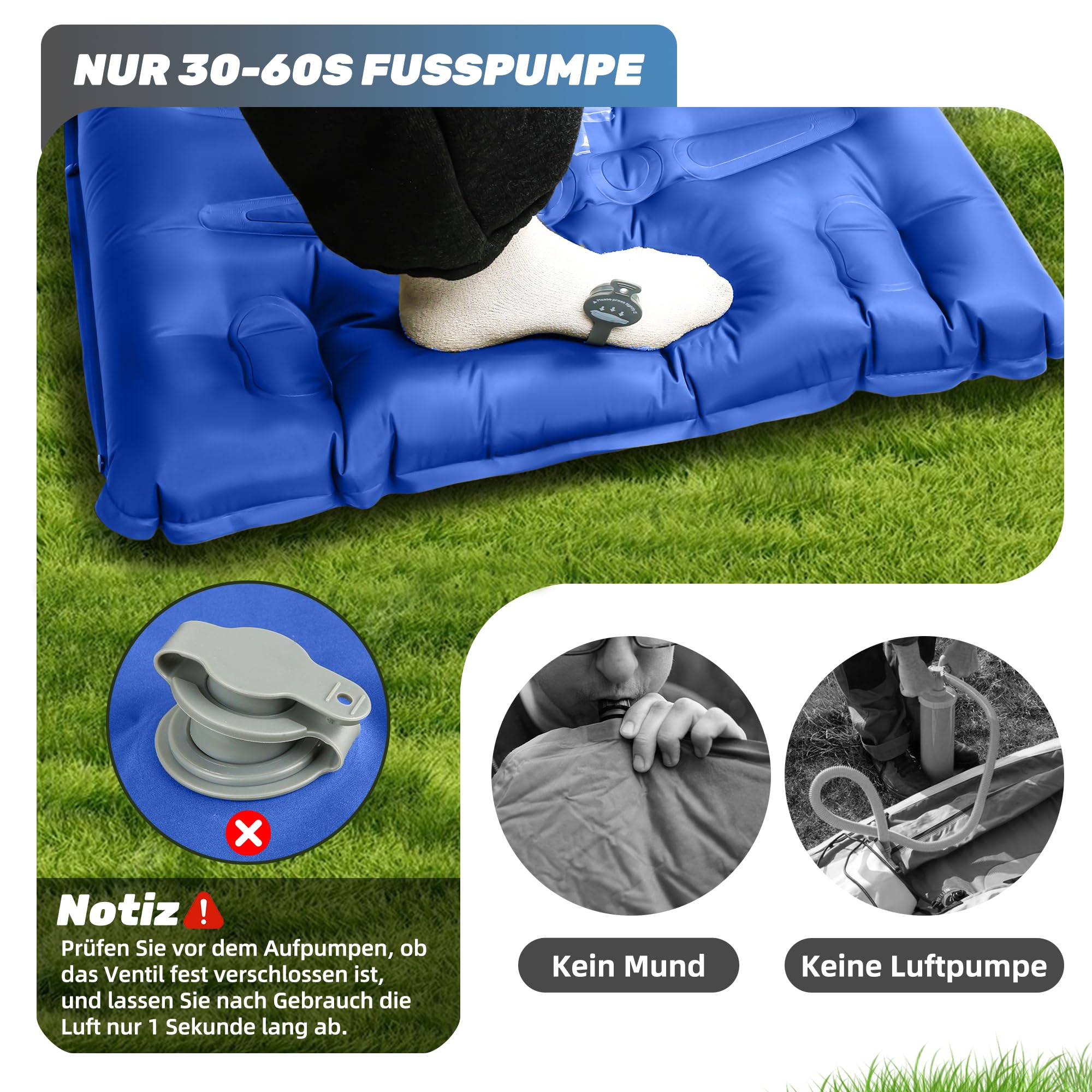 KASIMO Isomatte 12CM Luftmatratze Camping mit integrierten kopfkissen, Aufblasbare Matratze mit Fußpumpe Ultraleichte & Kompakte Isomatte - perfekt für unterwegs Wandern Zelt Blau 3