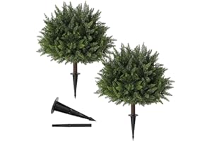 LUWENER 23.6Inch Artificial Cedar Topiary, 2 Pack UV Resistant Faux Evergreen Shrubs with Ground Spikes, Indoor Outdoor Potted Plants for Porch, Garden, Front Door Decor
