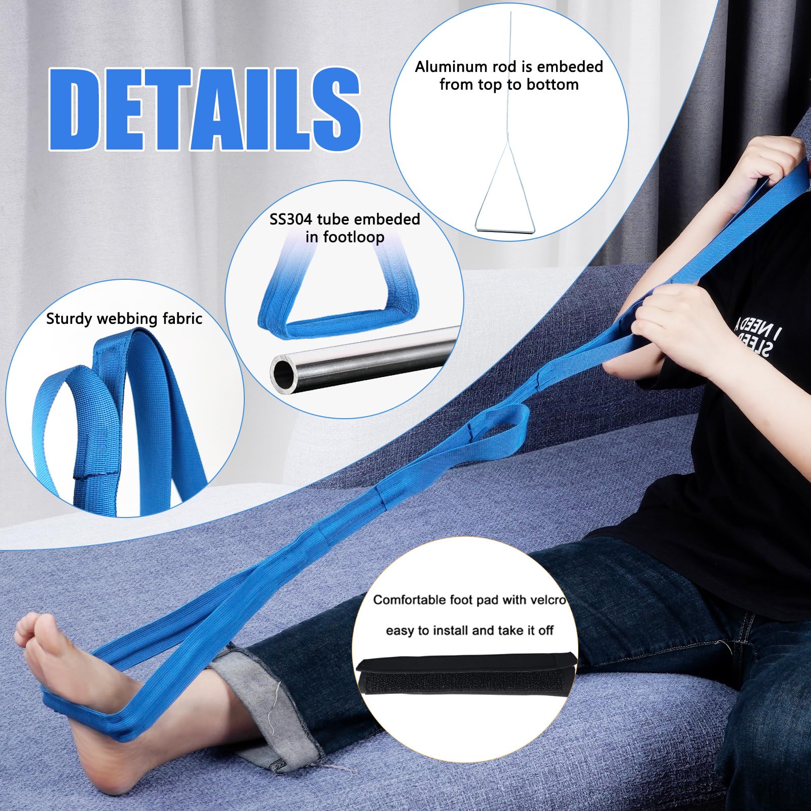 42 Inch Long Leg Lifter,Leg Lifter After Hip Replacement All Over with Aluminum Rod, Hip Kit for Seniors Total Hip Replacement Prime Large Rigid Foot Loop &Sturdy Multiple Handles(Blue)