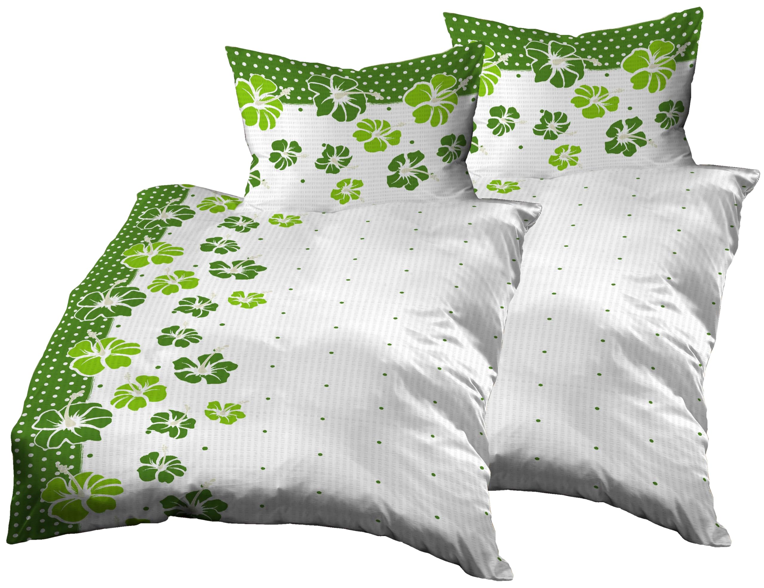Gerald Wittmann 4-Piece Bed Linen Set 2 x 140 x 200 cm + 2 x 70 x 90 cm, Microfibre Seersucker, Polka Dot Flowers Green White