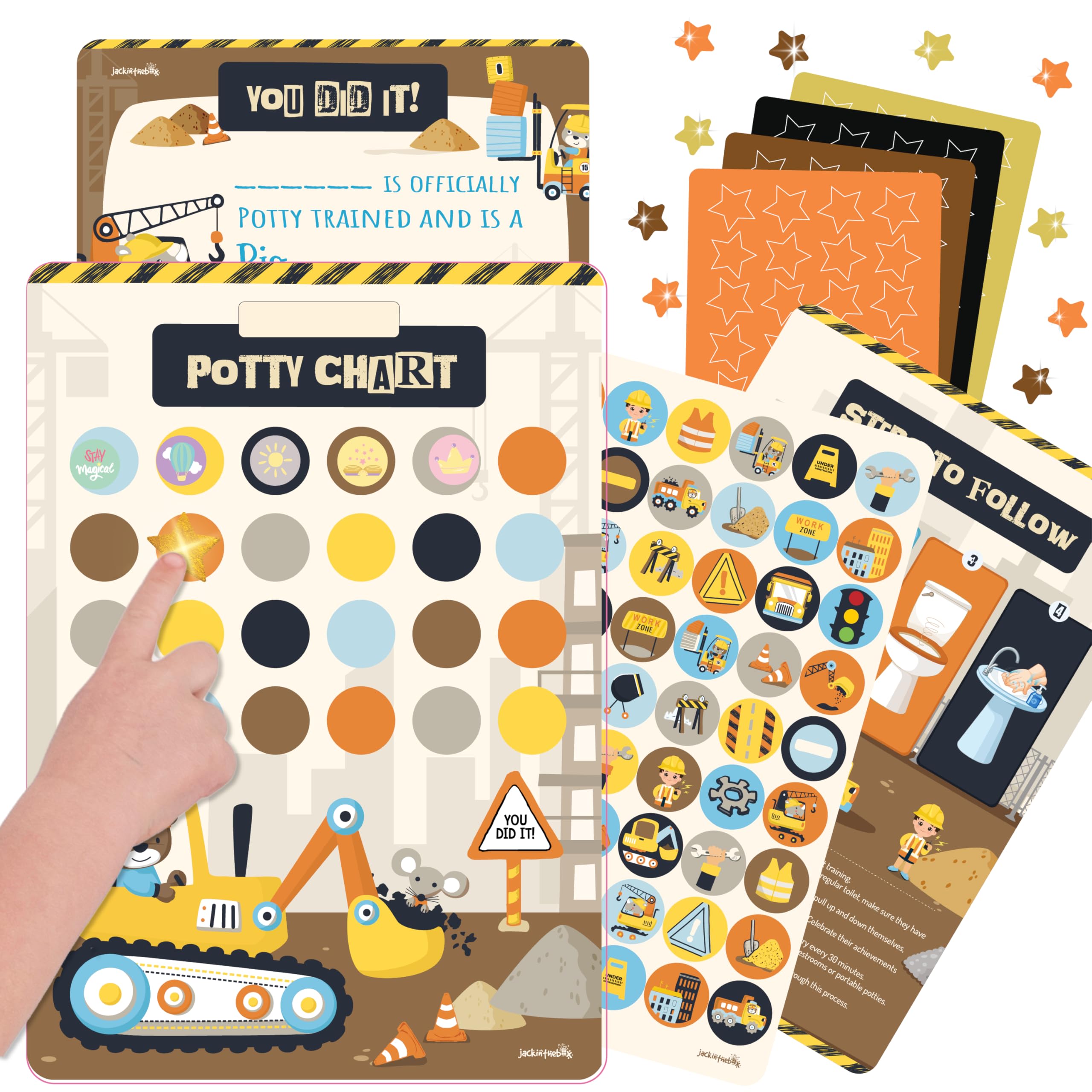 jackinthebox Construction Potty Training Sticker Charts for Toddler Boys & Girls, 100+ Glitter Stickers, 320+ Printed Stickers, Achievement Certificate, Potty Training Kids Reward Chart