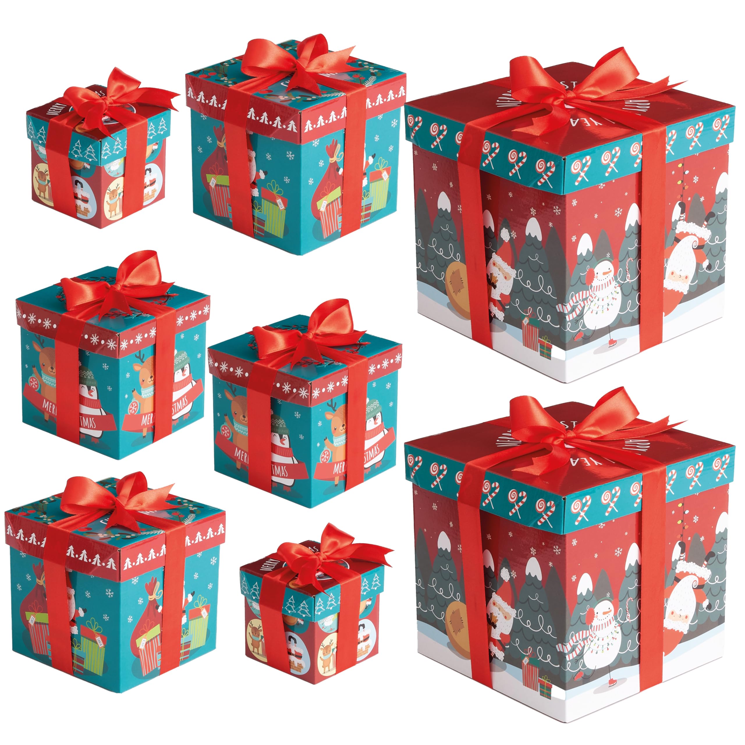 THE TWIDDLERS 8 Pack Christmas Boxes with Lids and Ribbons - Sturdy Cardboard Gift Nesting Crates in 4 Assorted Sizes - Decorative Xmas Wrapping Alternative for Cookies, Eve Boxes, and Hamper Fillers