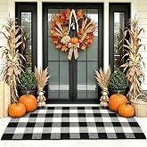 Cotton Buffalo Plaid Rug, 28x43 Black and White Checkered Outdoor Rug Front Door Decorative Mat, Washable Layered Area Rug for Front Porch, Entryway, Indoor, Patio