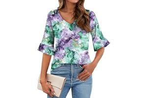 Zeagoo Womens Tops Casual V Neck Shirts Floral Solid Blouse Ruffle Tunics 3/4 Sleeve Tshirt S-XXL