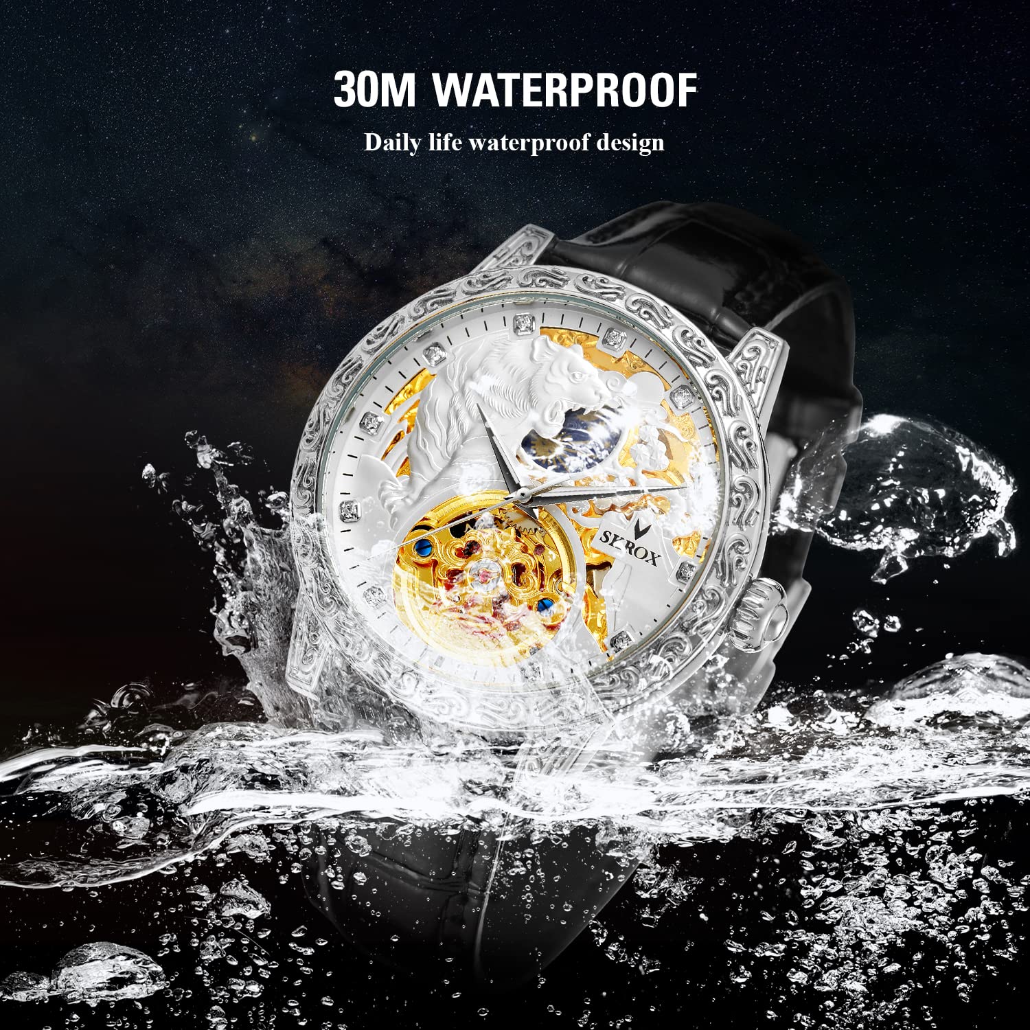 FORSINING Herrenuhren Luxus Skelett Mondphase Automatik Selbstaufzug Uhren mit echtem Lederband, weiß / schwarz, Armband