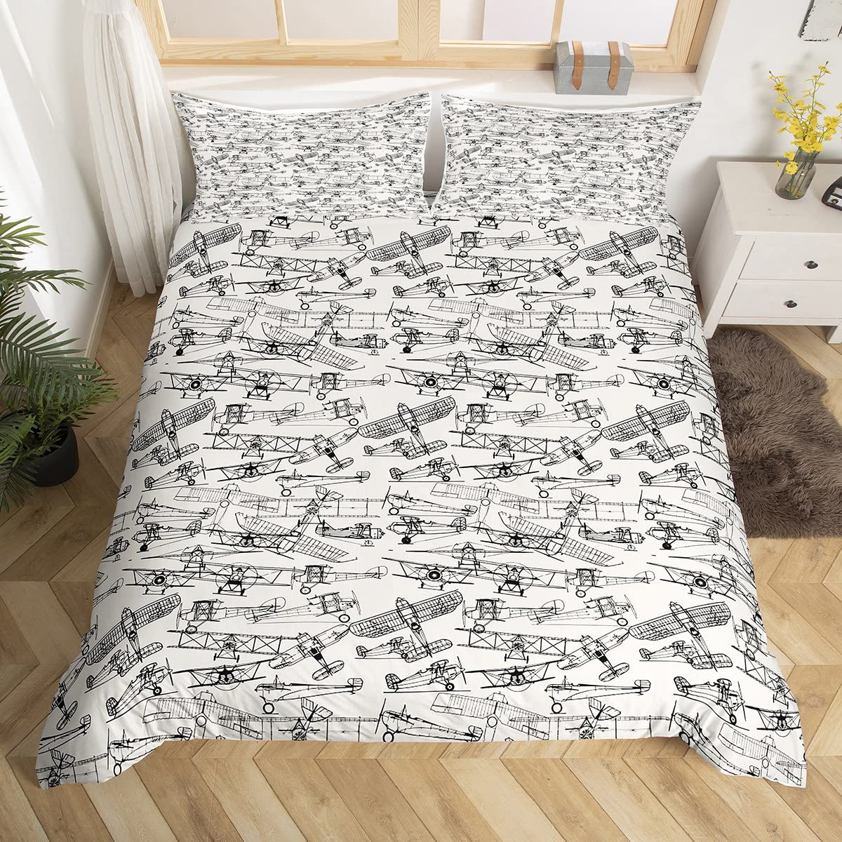 Homemissing Airplane Bedding Set Kids Flight Comforter Cover Set for Toddler Travel Black and White Duvet Cover Breathable Aircraft Bedspread Cover Room Decor Quilt Cover Single — image 1