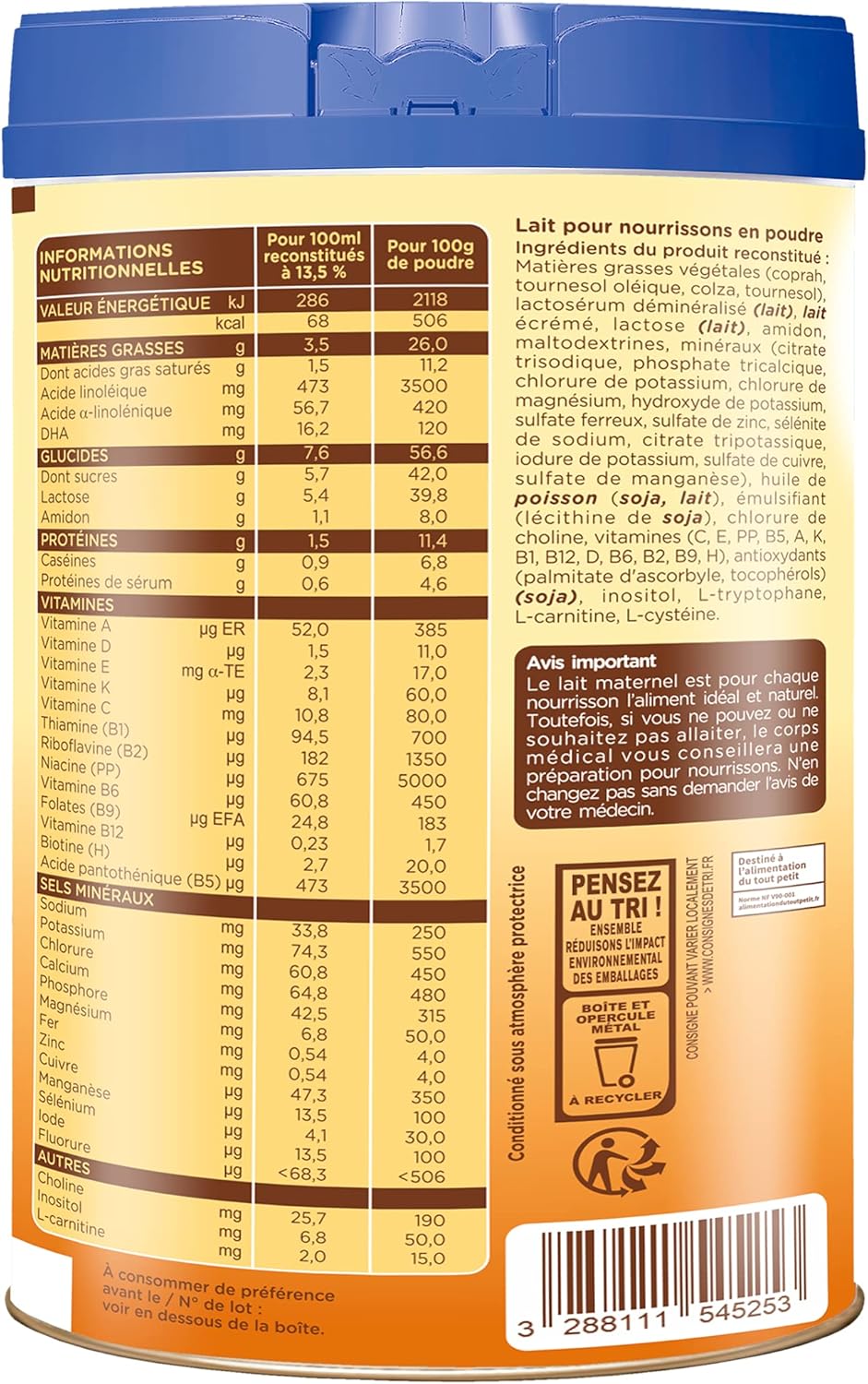 Lemiel Lait 1er Age En Poudre De 0 A 6 Mois 800g Fabrique En France Sans Huile De Palme Amazon Fr Epicerie