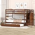 Merax Twin Over Twin Bunk Bed with Storage Stairs, Wood Bunk Bed Frames with Trundle, No Box Spring Needed, Walnut