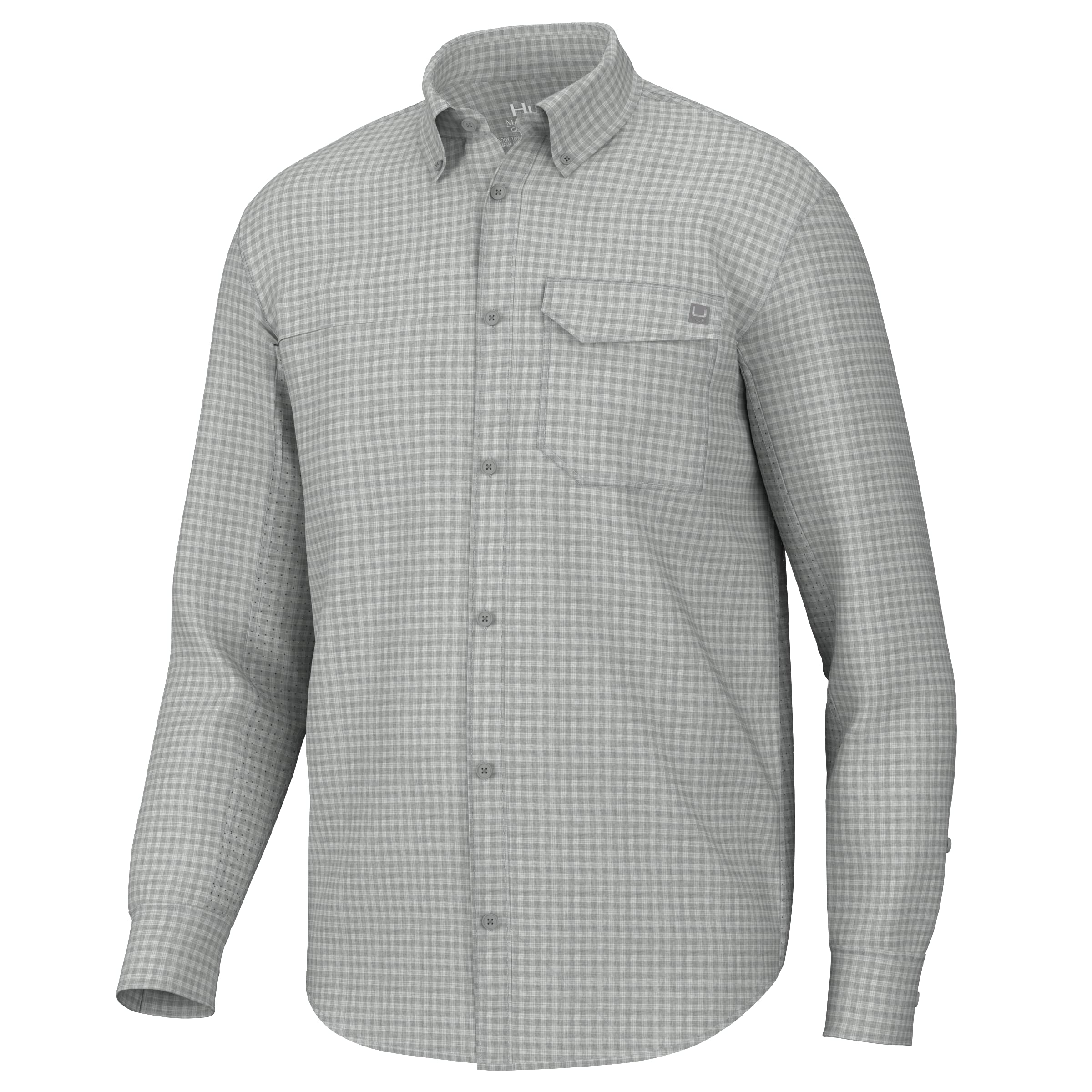 HUK Men’s Standard Tide Point Pattern Long Sleeve Shirt, Fishing Button Down, Mini Check-Harbor Mist, Small