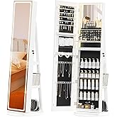 TJYGO Mirror Jewelry Cabinet Standing, Jewelry Armoire with Full-Length LED Mirror and Adjustable Lights, 360° Swivel Jewelry Organizer Storage, Upgrade White