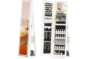 TJYGO Mirror Jewelry Cabinet Standing, Jewelry Armoire with Full-Length LED Mirror and Adjustable Lights, 360° Swivel Jewelry Organizer Storage, White