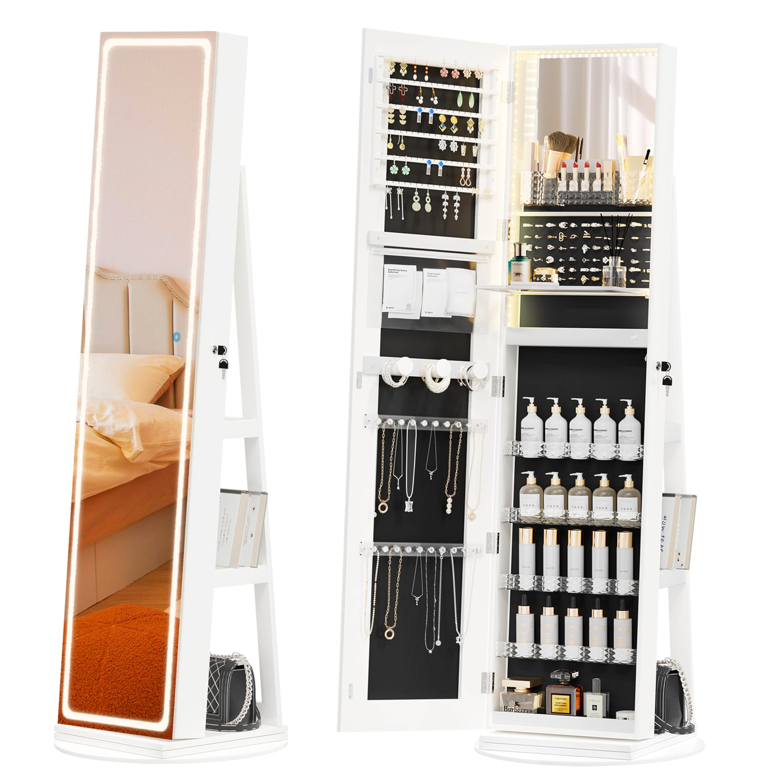 Photo 1 of TJYGO Mirror Jewelry Cabinet Standing, Jewelry Armoire with Full-Length LED Mirror and Adjustable Lights, 360° Swivel Jewelry Organizer Storage, Upgrade White
