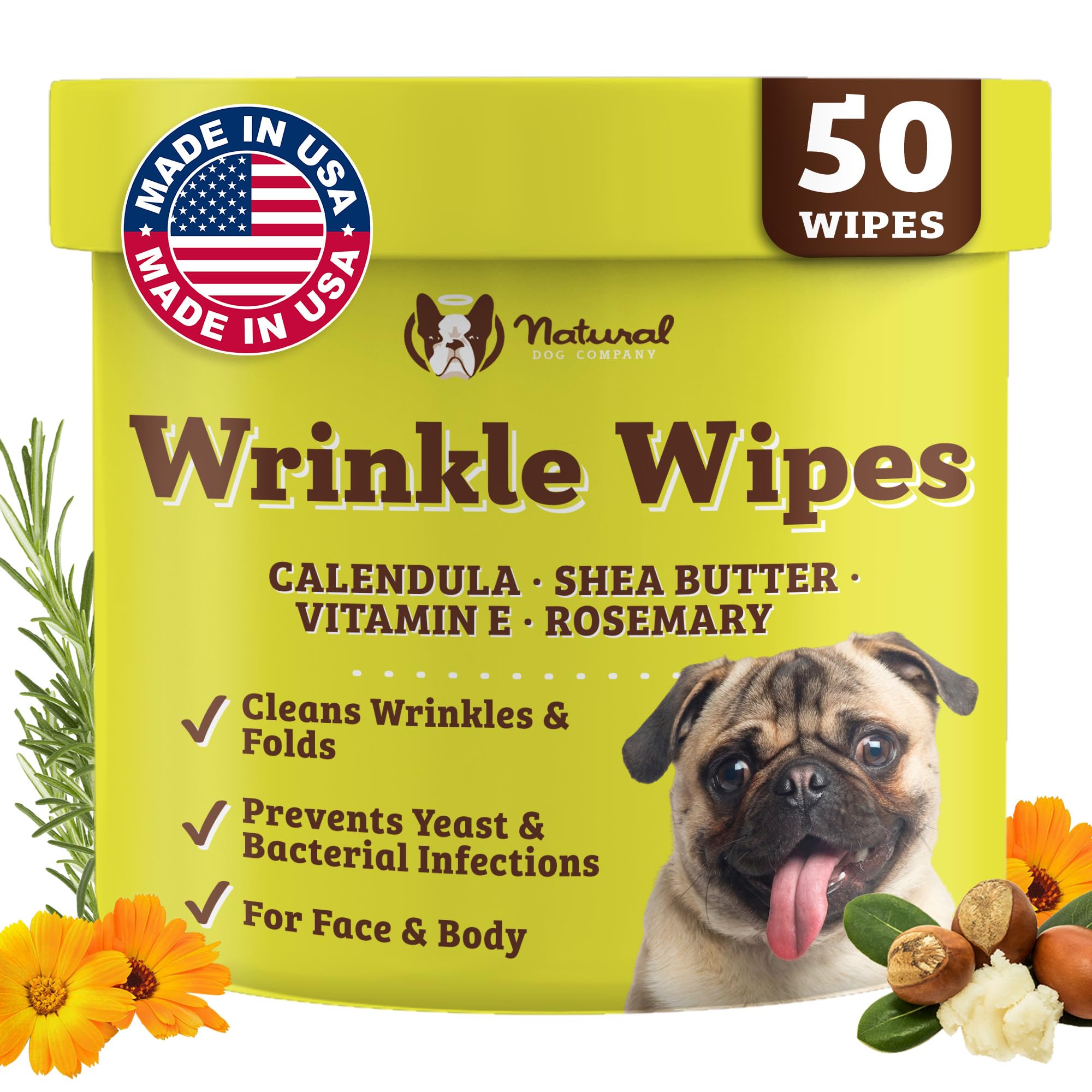 Natural Dog Company Wrinkle Wipes for Dogs, 50 Count, Hypoallergenic Dog Wipes, Wrinkle Wipes French Bulldog, Cleaning & Deodorizing, Dog Wipes for Grooming Faces, Paws & Butts