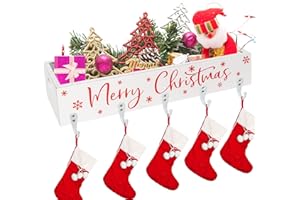 HPC DEC R OUR HAPPY PLACE HPC Decor Christmas Stocking Holders,Decorative Wooden Box with 5 Hook Stockings Hangers Christmas Decoration for Fireplace Mantel Wood Organizer Storage for Christmas Holiday Festival.(White)