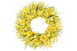 Sggvecsy Spring Wreath with Forsythia Flowers, Yellow Daisies and Lavender Green Leaves - Artificial Silk Floral Wreath for Front Door or Wall - 21 Inches