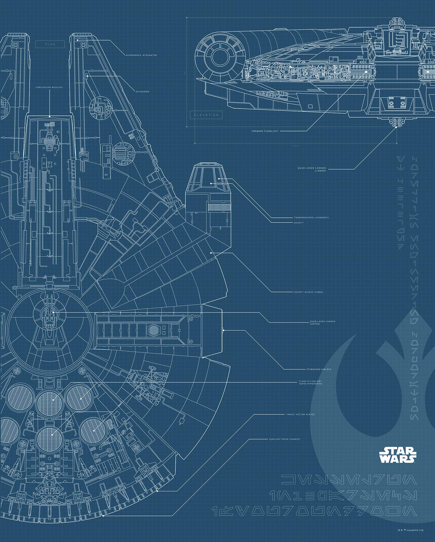 Komar Wall Picture Star Wars Blueprint Falcon WB176-40 x 50 cm (W x H), Colourful for Children's Room, Teenager's Room, Decoration, Art Print, Without Frame