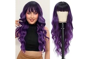 NAYOO Purple Wigs with Bangs for Women Long Curly Wavy Hair Wigs Heat Resistant Synthetic Fiber Wigs for Daily Party Use 26 Inches (Ombre Purple)