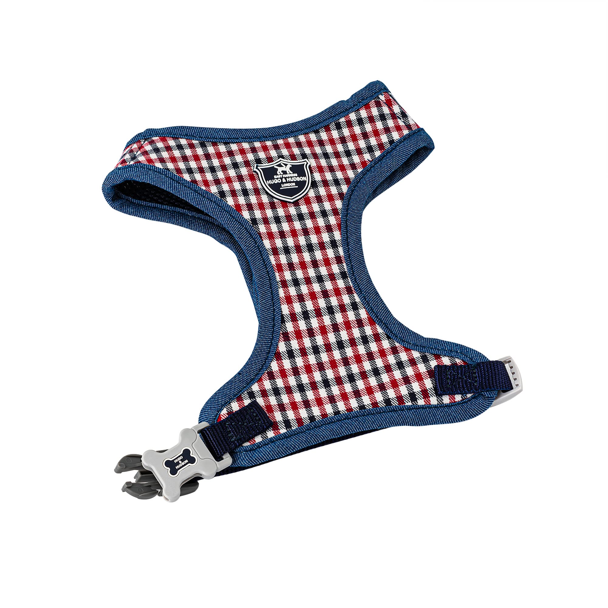 HUGO & HUDSON Dog Harness No Pull Adjustable Fabric Rear Buckle Pet Vest, Navy & Red Checked, XS