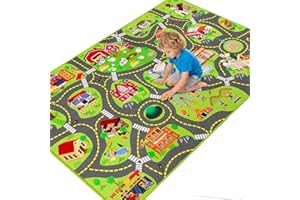 Kids Car Rug Play Mat, Kids Road Car Play Rug for Toy Cars, Educational Town City Map Carpet Vehicle Mat for Boy Playroom Bed