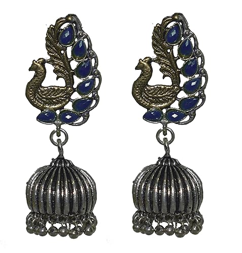 Desi Mela Double Tone Peacock Jhumka with Real Stones For Women and Girls (Blue)