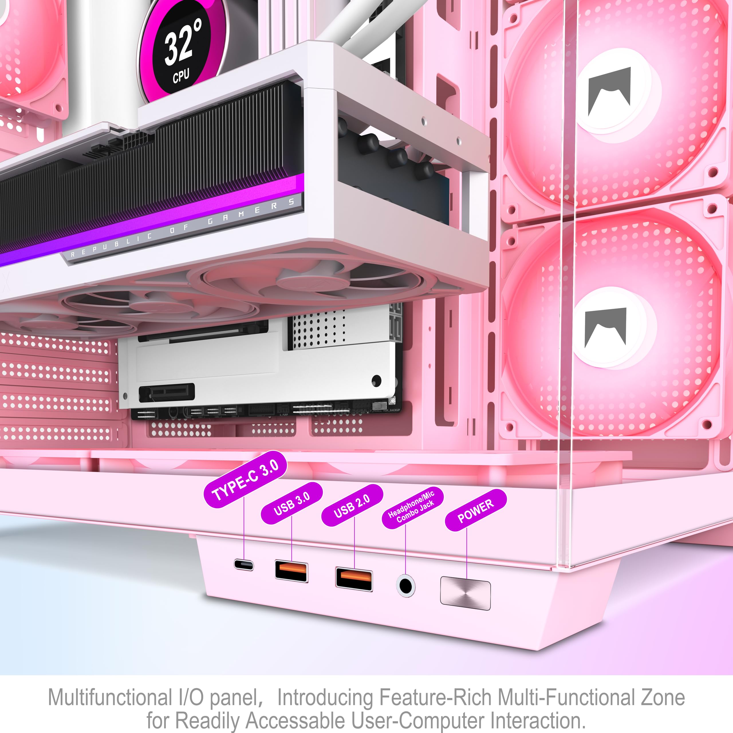 Hyxn H1 Atx Pc Case-Pre-Installed 7 Pwm Argb Fans, Dual Chamber Mid-Tower Gaming Pc Case, With Type-C, Simultaneous Installation Of 2X 360Mm Radiators, Black (Pink, H1) - View 9