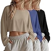 Yearntown 3 Pack Women's Long Sleeve Crop Shirts Loose Fit Cropped Oversized Tees Crew Neck Casual Pullover Tops