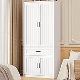 LIKIMIO 77" Tall Armoire Wardrobe Closet, Wooden Wardrobe with 4-Door and Drawer, White Clothes Storage Cabinet with Hanging Rod and Adjustable Shelves for Bedroom