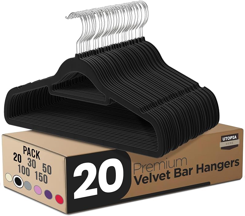 Utopia Home Velvet Hangers 20 Pack with Tie Bar Heavy Duty Non-Slip Black