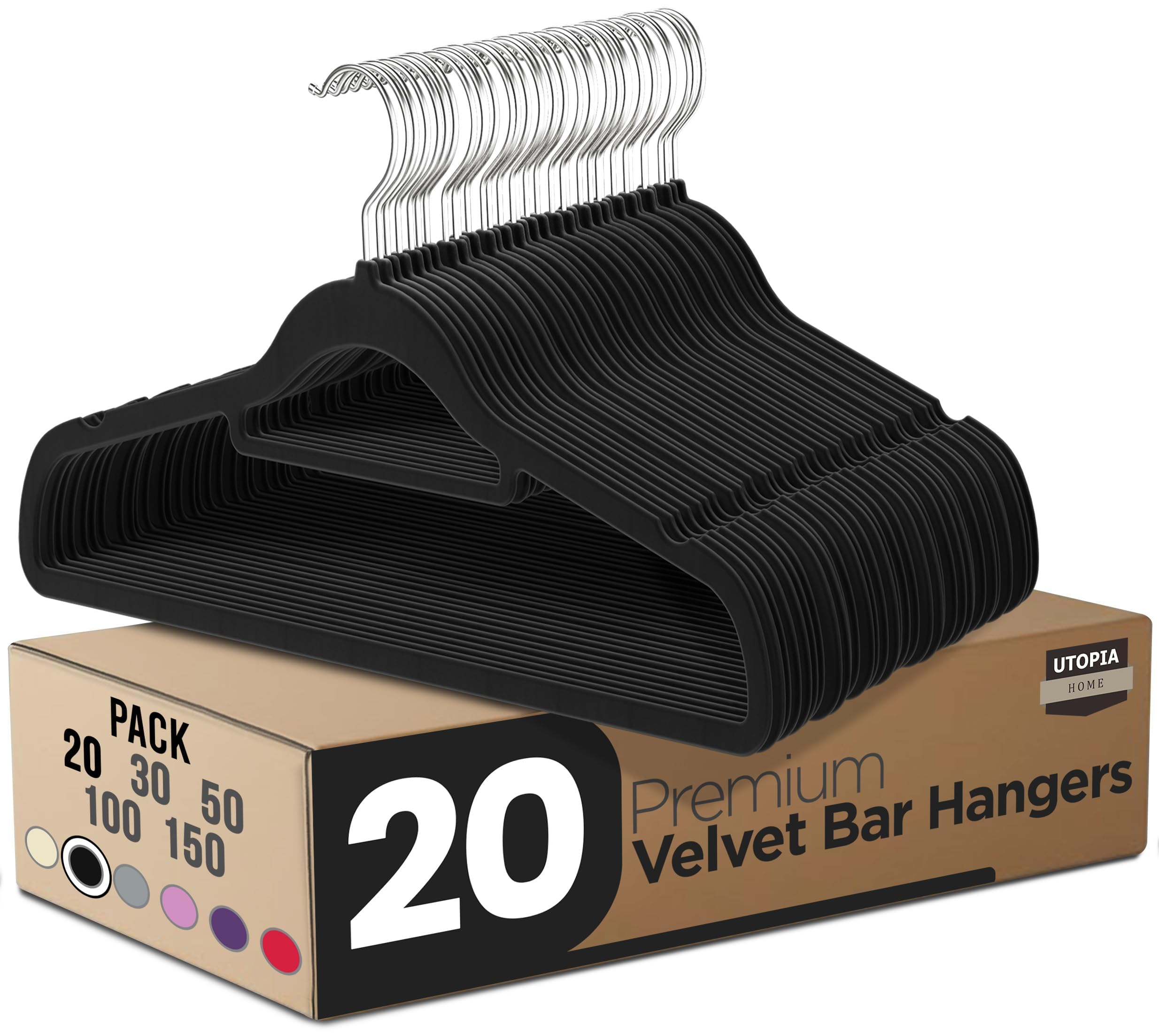 Utopia Home Pack of 20 Velvet Suit Hangers with Tie Bar - Heavy Duty Non-Slip Premium Hangers for Adult Clothes - 360 Degree Swivel Hook, Black