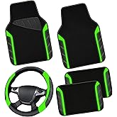 CAR PASS Leather Steering Wheel Cover and Waterproof Car Floor Mats,Microfiber Universal Car Combo Fit for 95% Sedan,SUV,Cars,14.5-15inch Sporty Anti-Slip Comfortable Design(Black&Fluorescence Green)