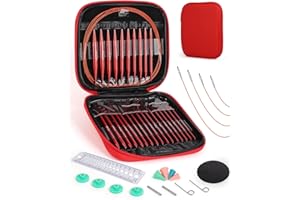 AEELIKE Interchangeable Knitting Needle Set with Circular Cable for Crafters, 13 Circular Knitting Needles with 4 Cable, 3-10 mm Aluminum Knitting Needles for Beginner, DIY Crafts, Red Needle Set