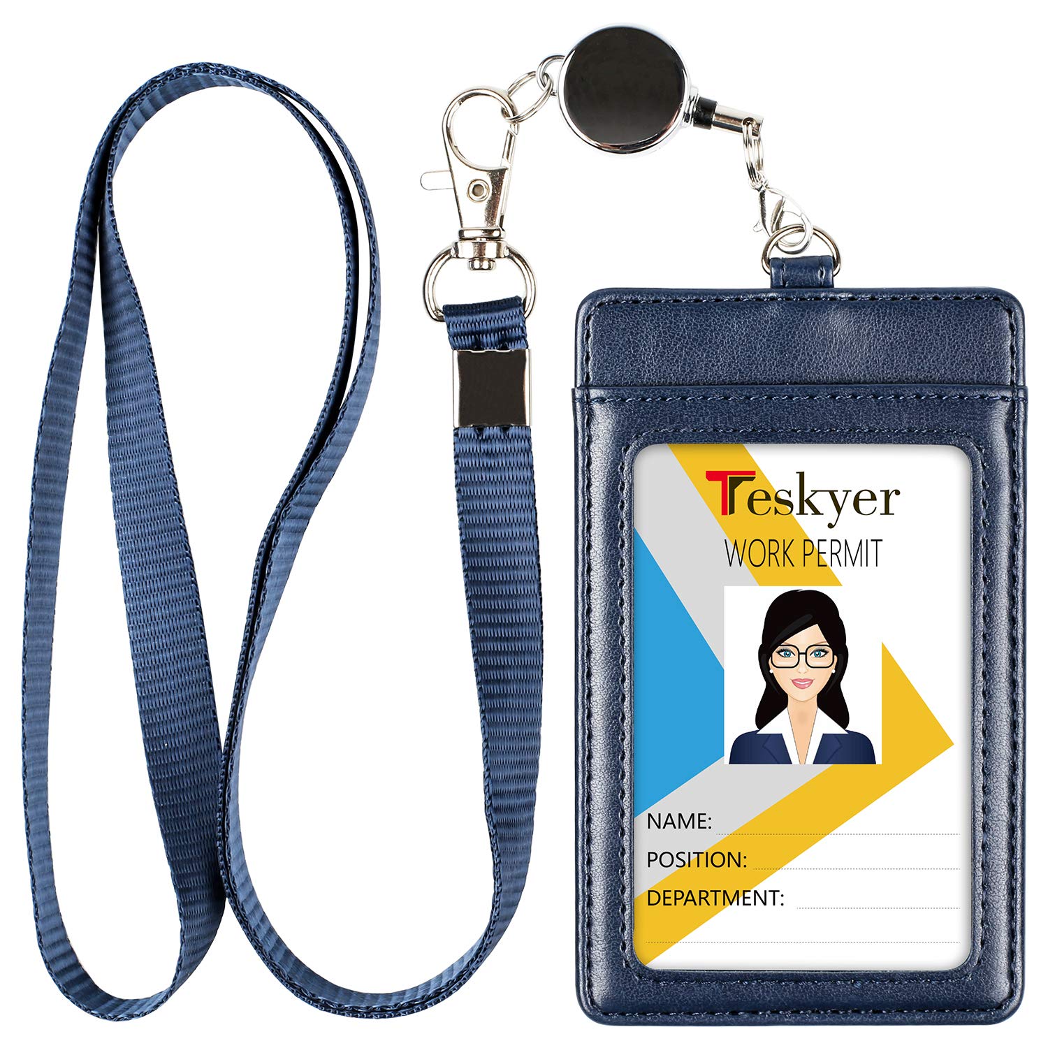 Teskyer Card Holder with Retractable Lanyard, Badge Holder with Clear Window and Holds 2 Cards, PU Leather, Vertical Card Holder for ID Cards, Offices, Schools, Bus Passes, Blue