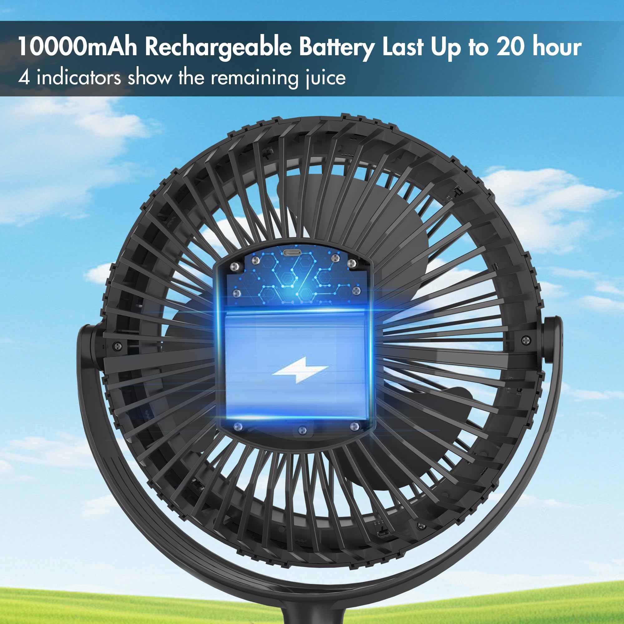 Camping Rechargeable Fan, Battery Operated with Timer, Powerful Airflow Portable Fan, Strong Clip with Light & Hook for Tent Outdoor Travel BBQ Hurricane Power Outage