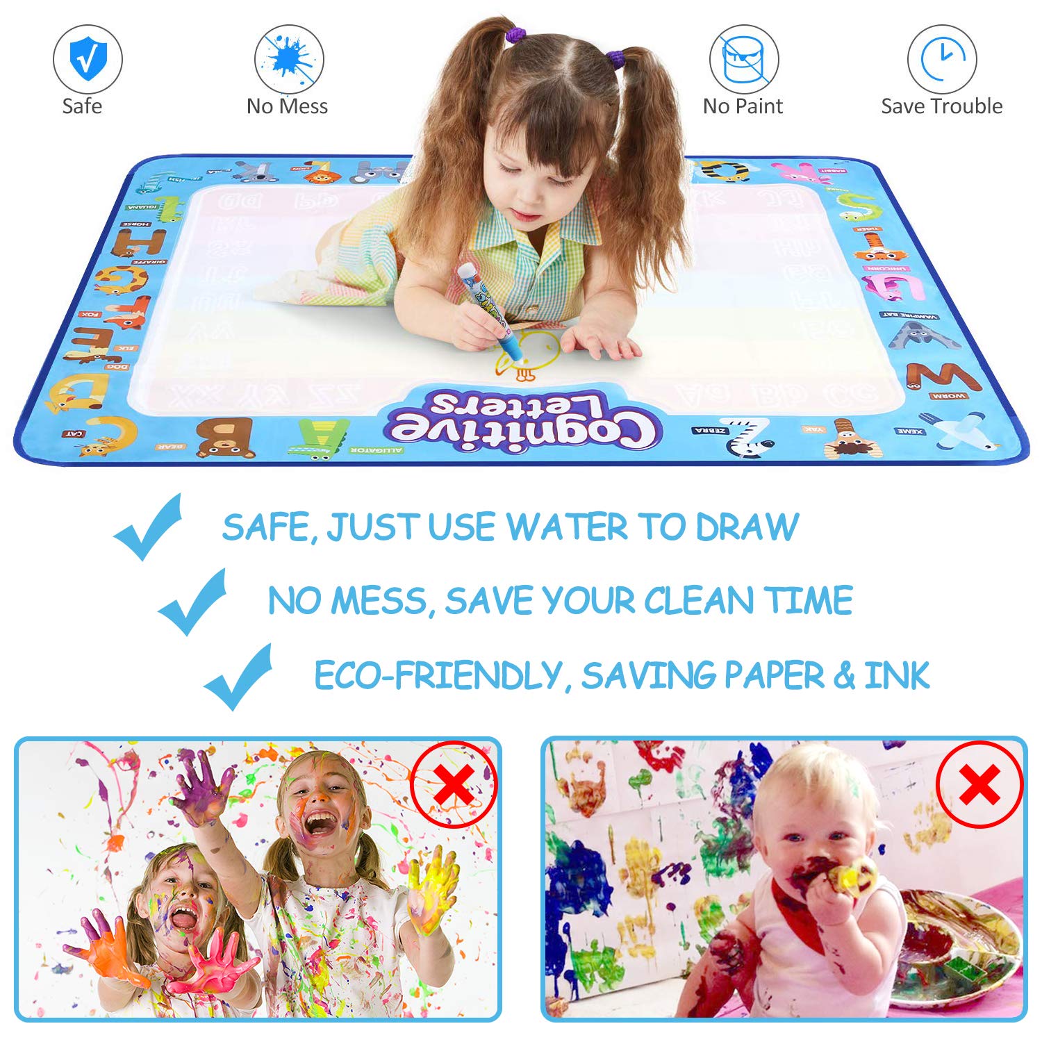 Aqua Magic Doodle Mat, Water Drawing Mats 39.5×31.5 Inches Large, Kids Mess-Free Coloring Painting Writing Pad, Educational Toys Gifts for Boys Girls Toddlers Age 2 3 4 5 6 7 8 Years Old