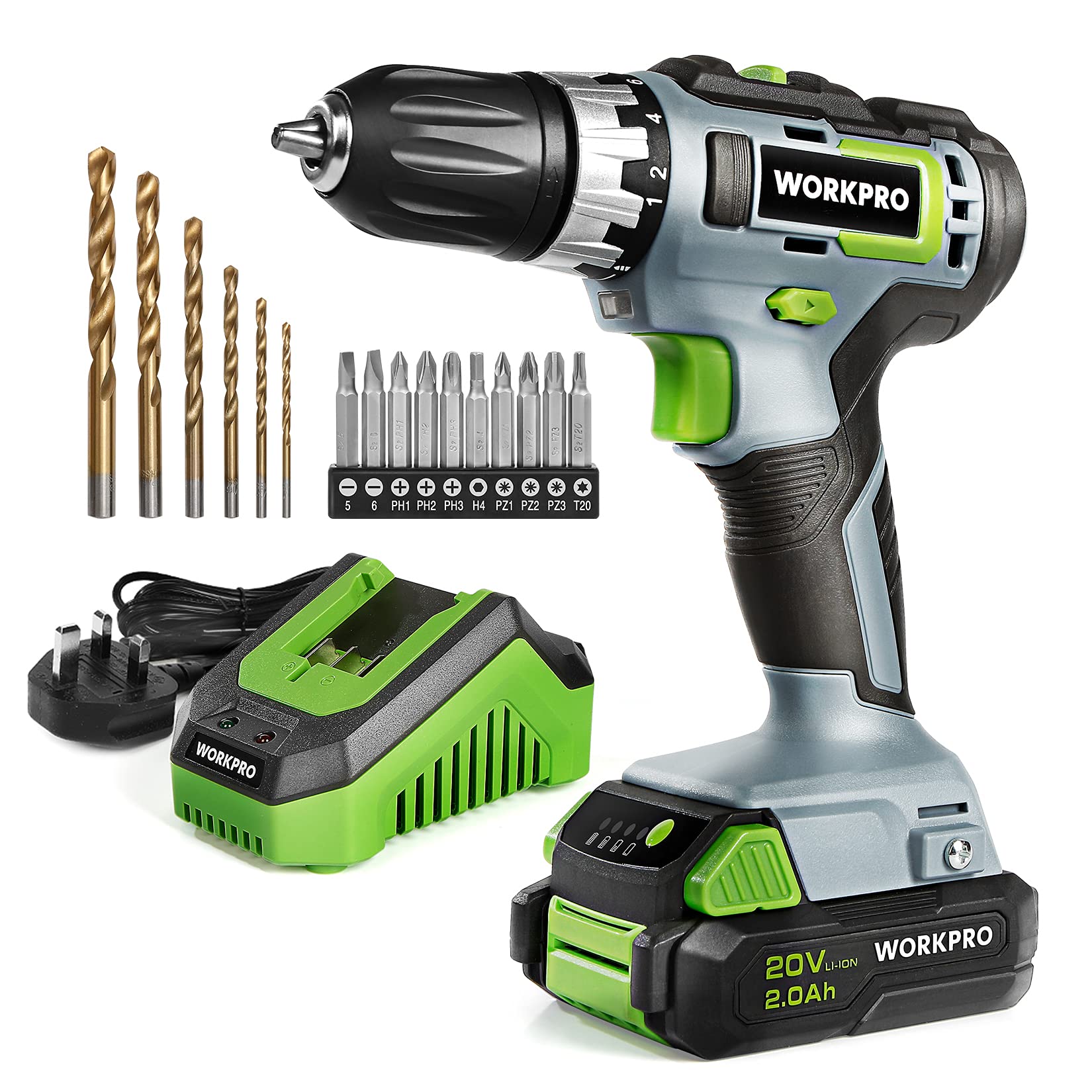 WORKPRO Cordless Drill Driver, 20V Electric Screwdriver with 2000 mAh Battery, 1H Quick Charger, 25 Nm Max, 18+1 Torque, 3/8" Chuck, 2 Speed, LED Light, 16 pcs Drill and Screwdriver Bit