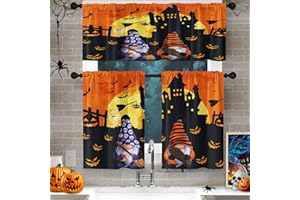 Culudea Halloween Cute Gnomes Kitchen Curtains Horror Witch Scary Spider Spooky Window Curtains Valance and Tier Set 36 Inch Rod Pocket Short Tier Curtain for Room, Cafe Kitchen Decor