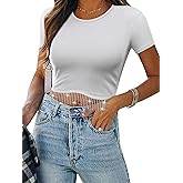 Nlife Womens Nashville Sparkly Glitter Fringe Short Sleeve Cropped Top Raceback Ribbed Crop Tank Tops with Rhinestone Tassel