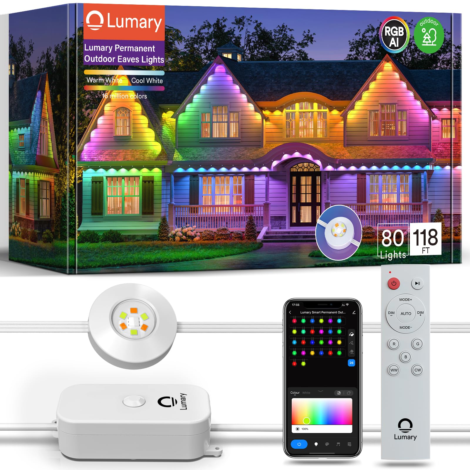 Photo 1 of Lumary Permanent Outdoor Lights Pro 105ft with 80LED RGBAICW Smart Eave Light for Chirstmas, Work with Alexa Google IP67 Waterproof, Color Changing & White, Multi Scene for Daily Accent Lighting Decor