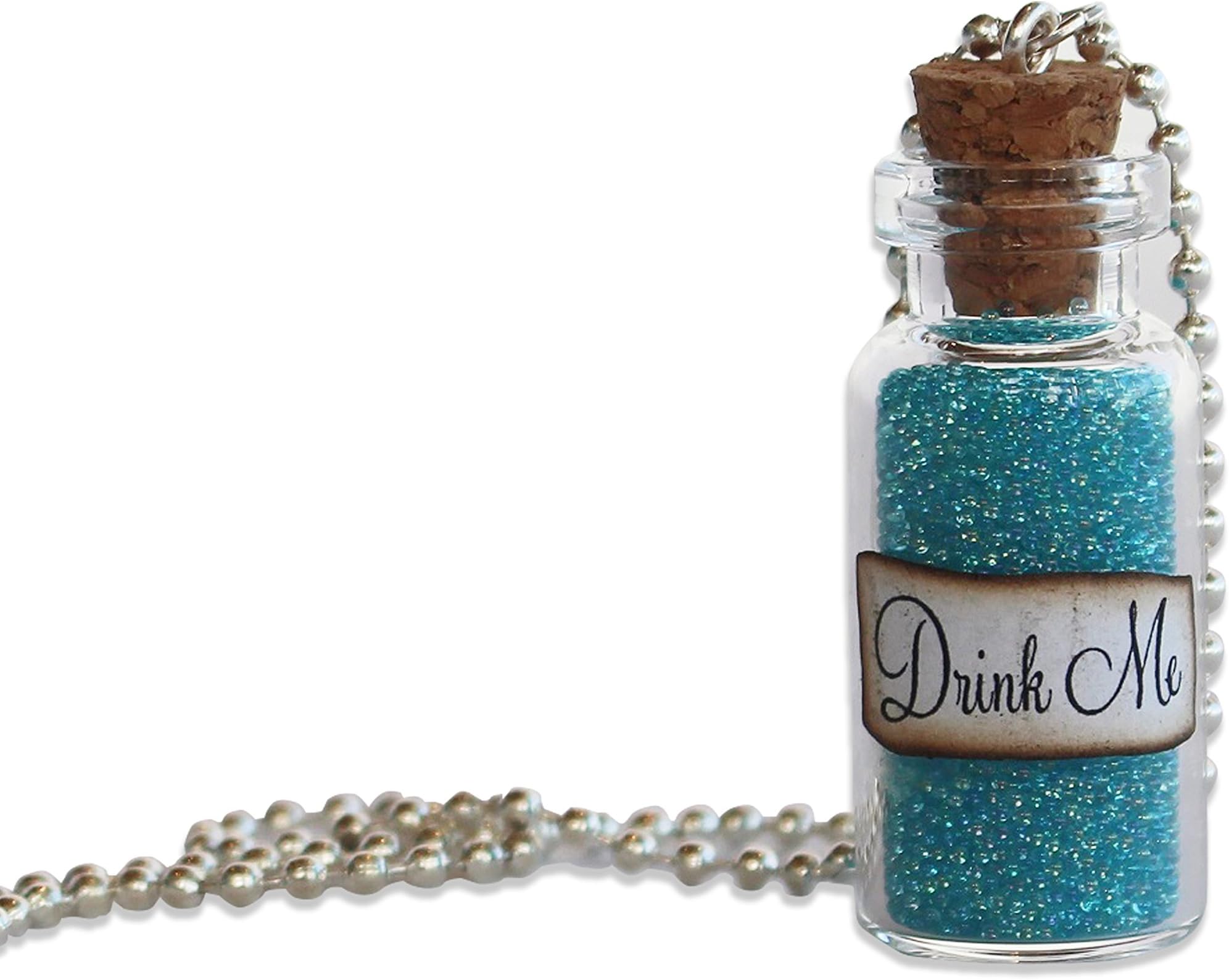 Persona Model Agency Alice in Wonderland Necklace - Alice in Wonderland Jewelry - Drink Me Blue Bubbles Glass Bottle Necklace and Pendant
