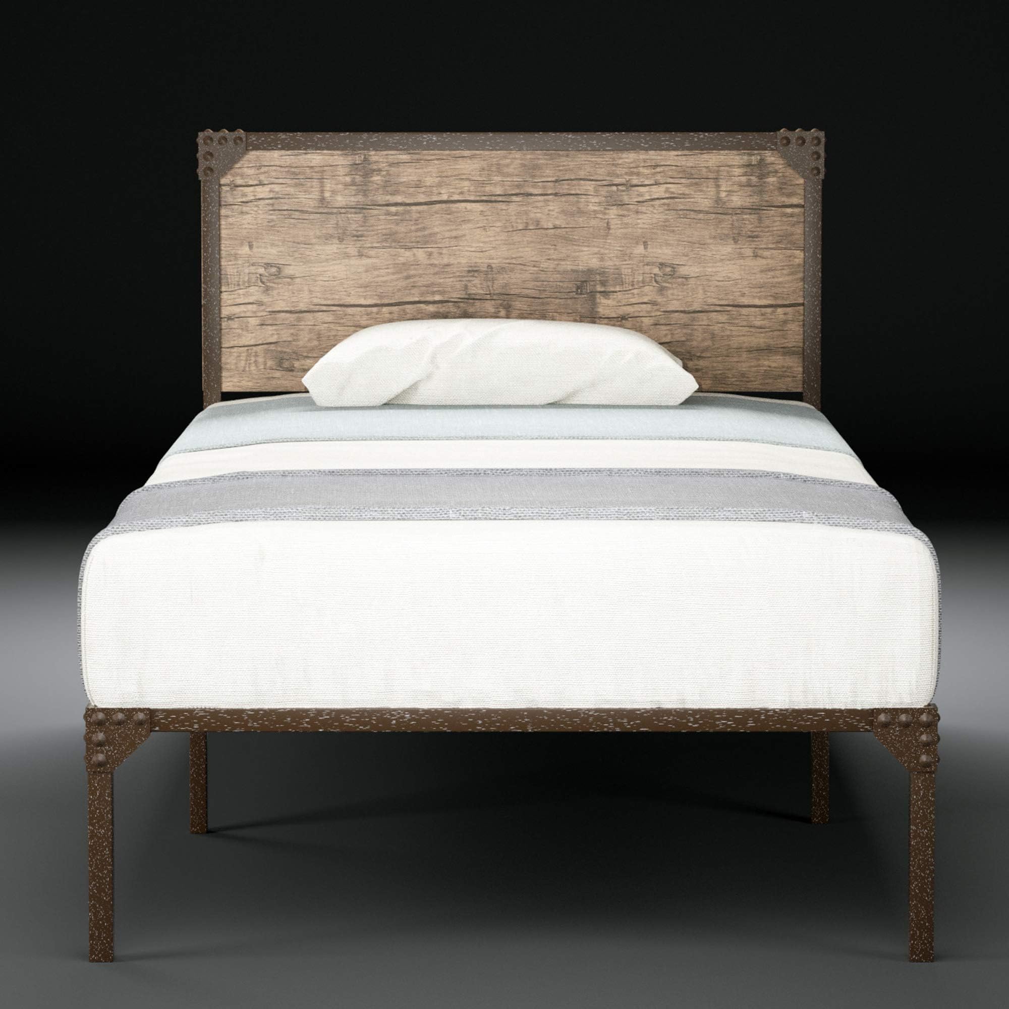 Twin Bed Frame with Headboard/Mattress Foundation/Platform Bed Easy Assembly/No Box Spring Needed/Strong Metal Slat Support, Snow Brown