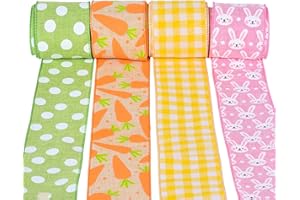 Ribest Easter Spring Pastel Ribbon Wired, 2.5 Inch Bunny Carrot Plaid Polka Dot Burlap Wire Edge Ribbons for Crafts Wrapping Wreaths Baskets Bows Outdoor Decoration, 4 Rolls Total 20 Yards