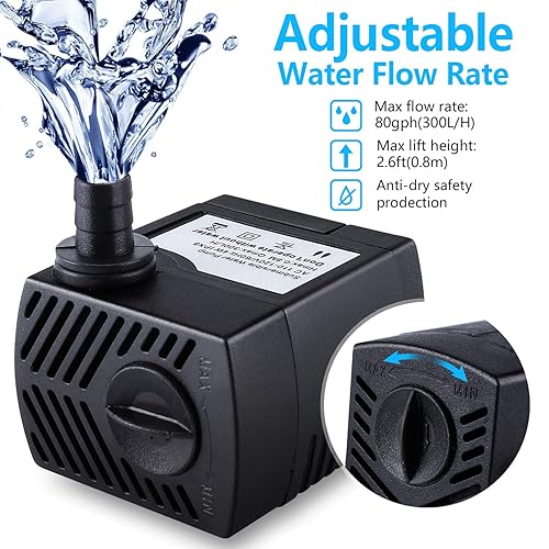 Pompe A Eau Water Pump For Water Table Cwkj , 2 Packs 80Gph(4W 300L/H) Submersible Water Pump, Durable Outdoor Fountain Water Pump With 7.2Ft(2.2M) Power Cord, 3 Nozzles For Fountain Pump Submersible