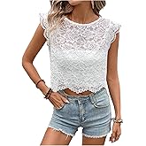 SweatyRocks Women's Sheer Lace Blouses Cap Sleeve Backless Casual Summer Vacation Crop Tops